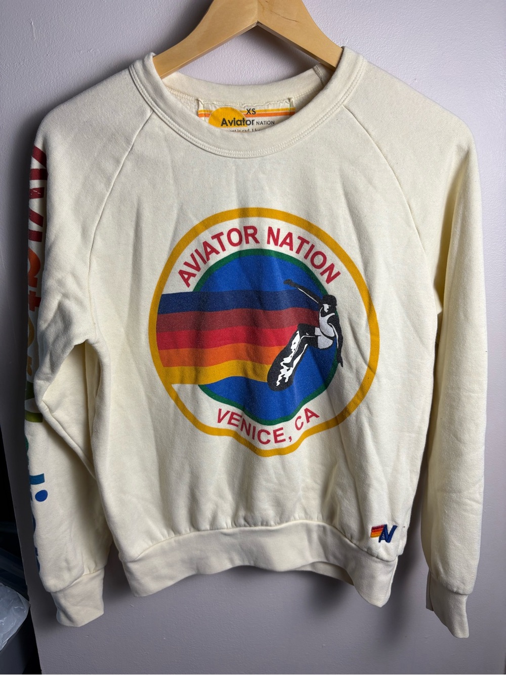 Aviator Nation Unisex Cream Crewneck with Multicolor Graphic XS